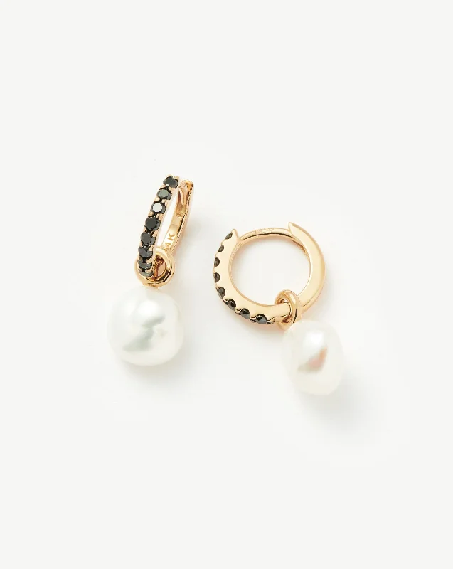 Fine Diamond & Pearl Charm Hoop Earrings | 14k Solid Gold/Pearl & Black Diamond