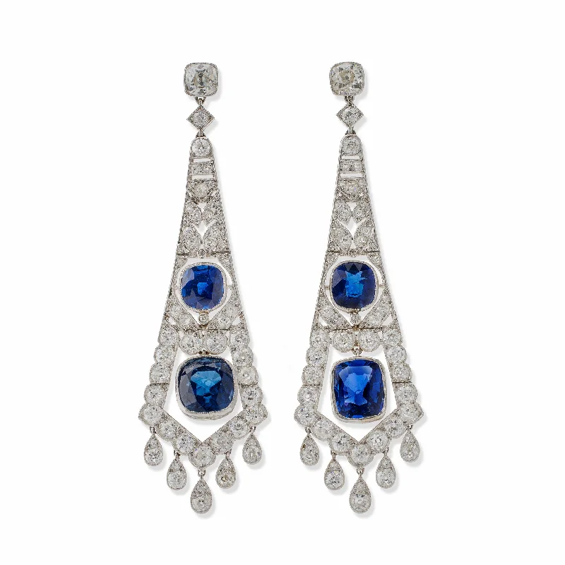 French Art Deco AGL Natural No-Heat Sapphire and Diamond Pendant Earrings