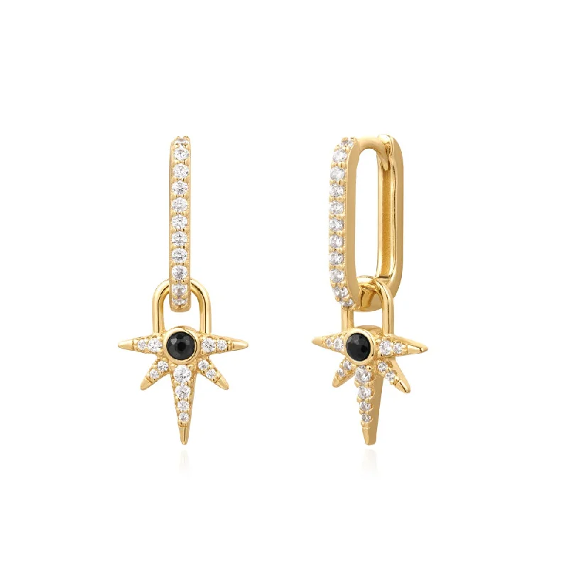 Gold Plated Black Agate Star Drop Earrings by Ania Haie