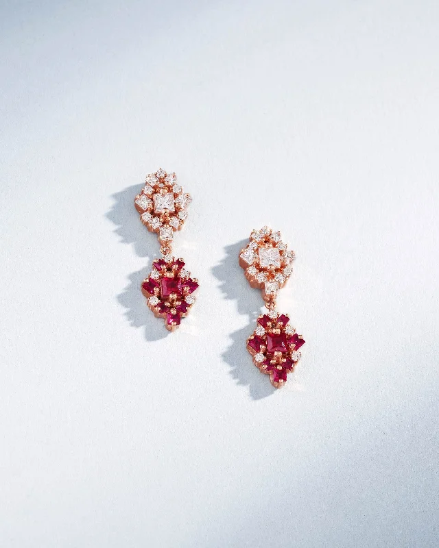 La Fantaisie Double Star Diamond & Ruby Drop Earrings