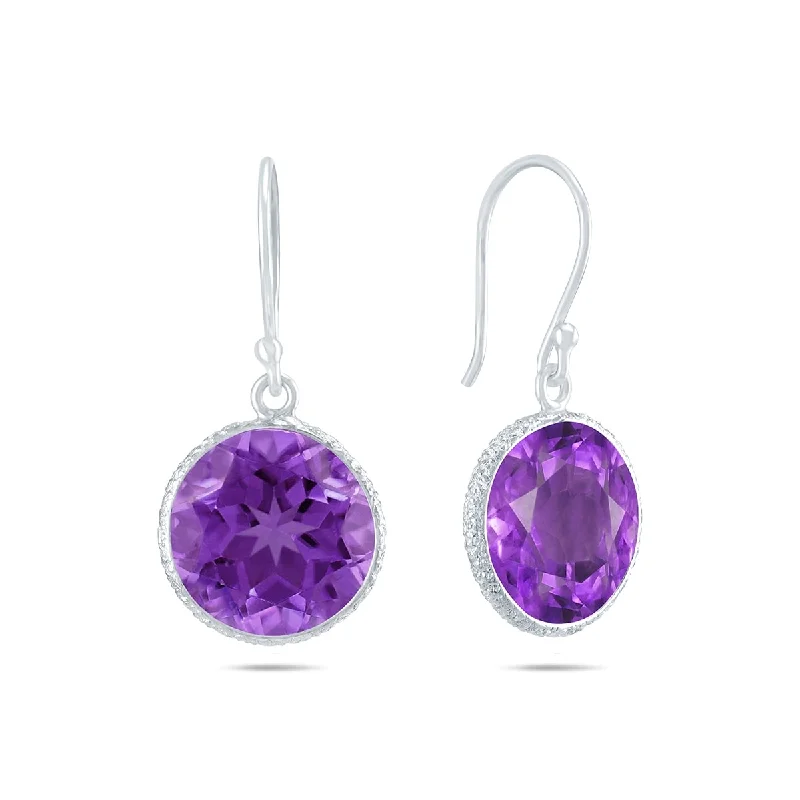 Marquee 12MM February Amethyst Dangle Drop Earrings in .925 Sterling Silver