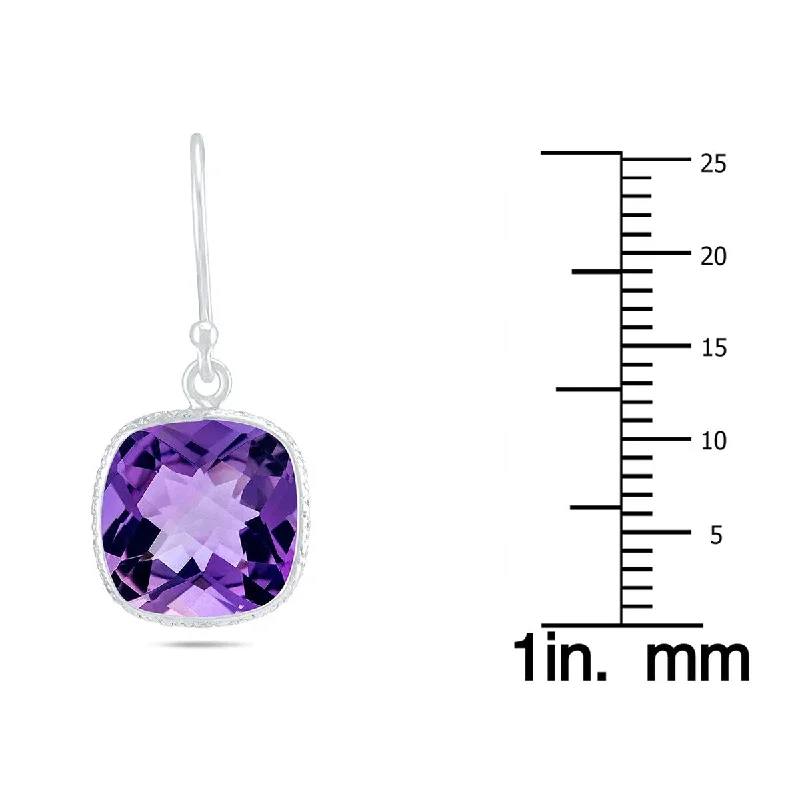 Marquee Cushion Cut 11MM Amethyst Drop Earrings in .925 Sterling Silver