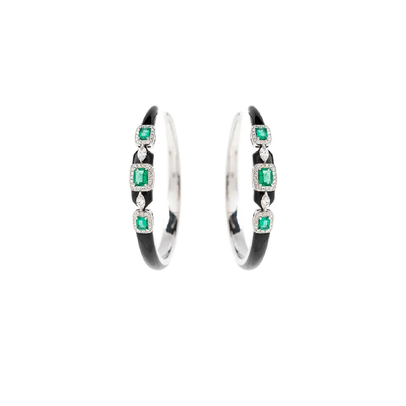 Nikos Koulis 'Oui' Hoop Earrings with Emeralds, White Diamonds and Black Enamel