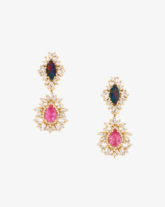 One of a Kind Opal Doublet & Pink Sapphire Tear Drop Earrings