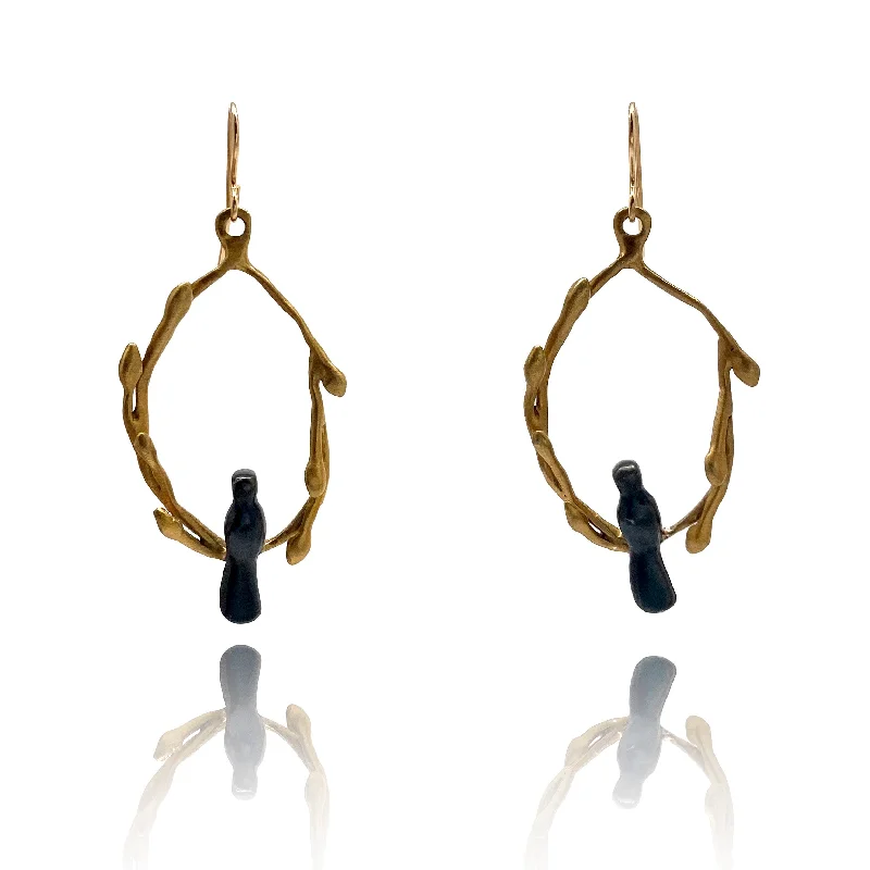 Oxidized Sterling Silver and Gold Vermeil Bird Earrings