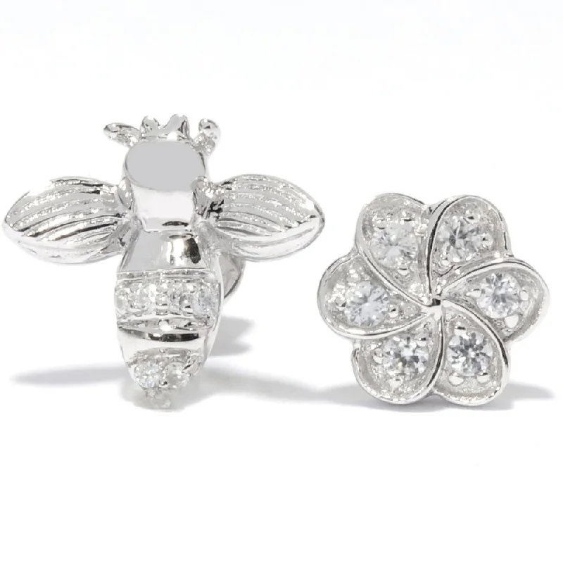 Platinum overSilver White Zircon Flower and Bee Stud Earrings