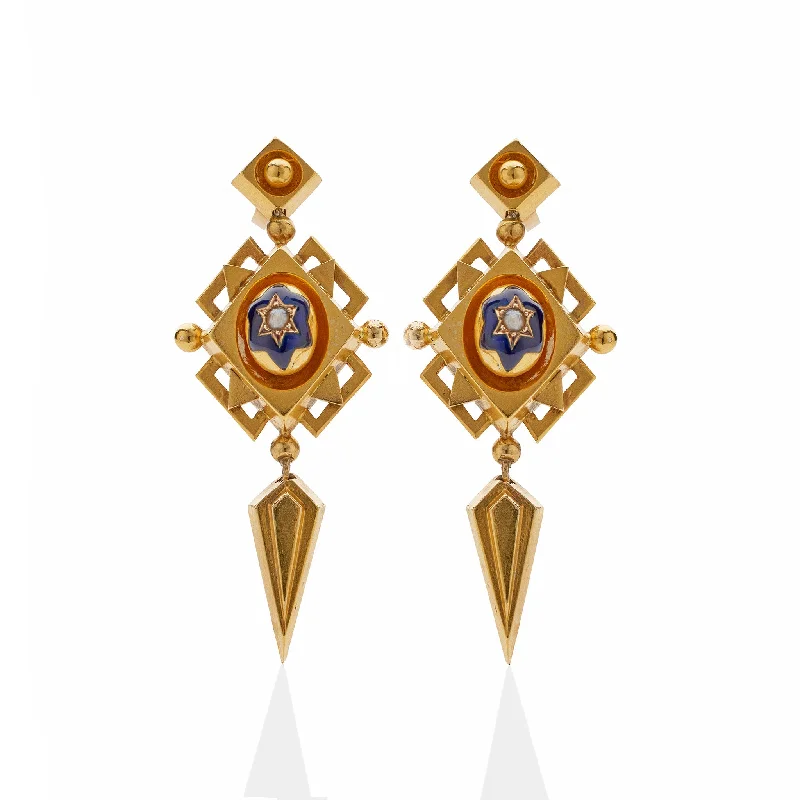 Polychrome Enamel 18K Gold Geometric Pendant Earrings