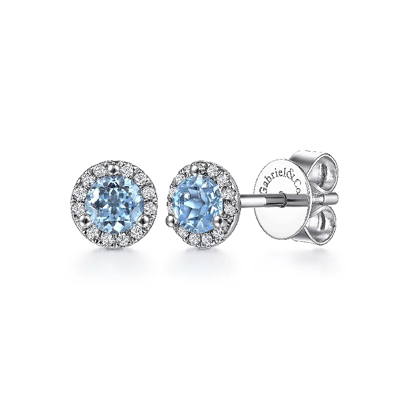 14K White Gold Round Blue Topaz and Diamond Halo Stud Earring