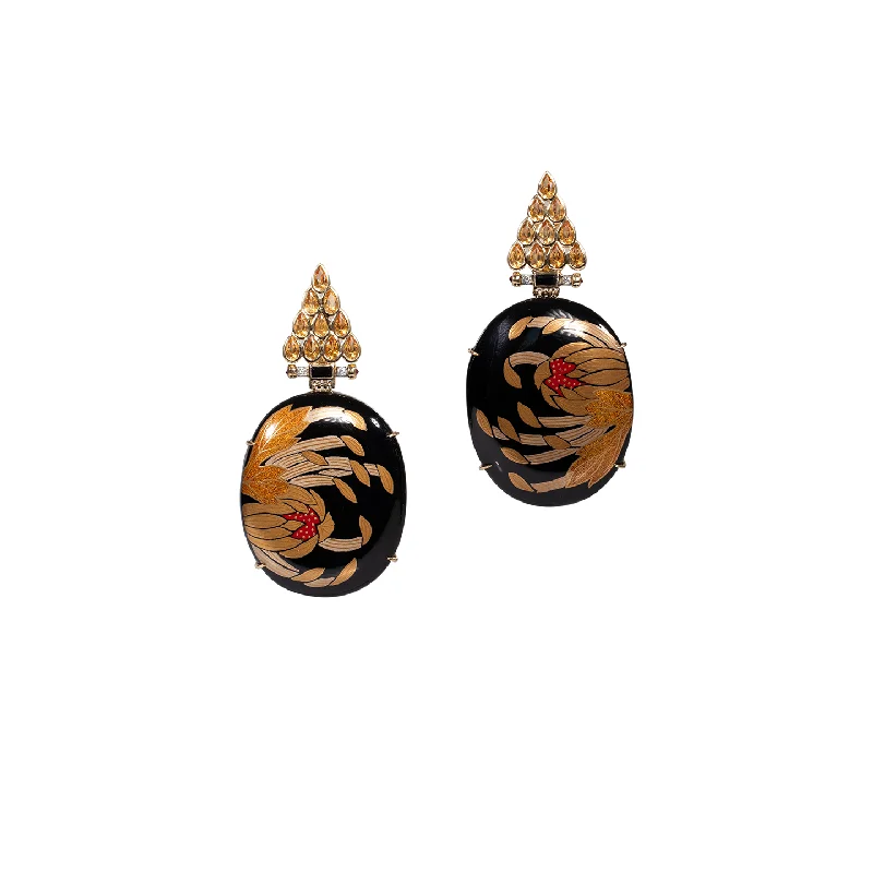 Silvia Furmanovich Black Lacquer Chrysanthemum Earrings with Diamond and Citrine