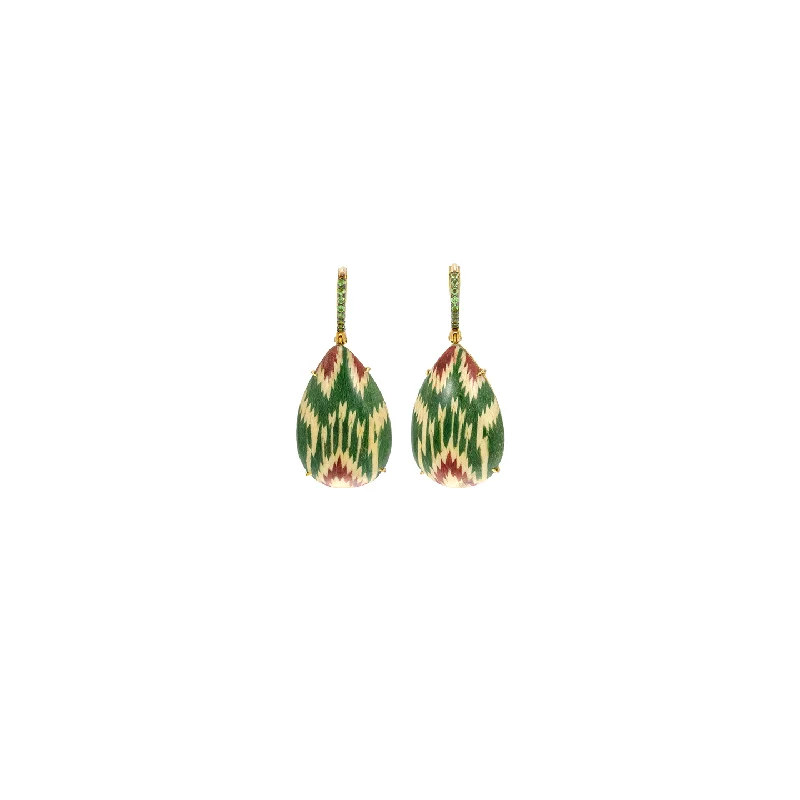 Silvia Furmanovich 'Silk Road' Marquetry Earrings on Tsavorite Huggies and Ikat Motif