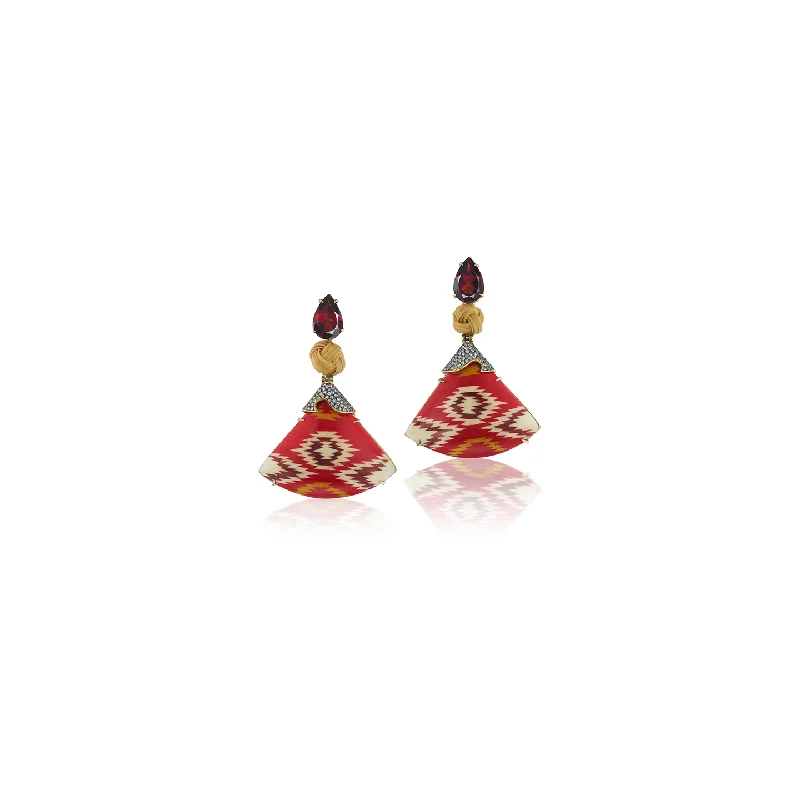 Silvia Furmanovich Marquetry Fan Earrings with Ikat Motif, Diamonds and Garnet