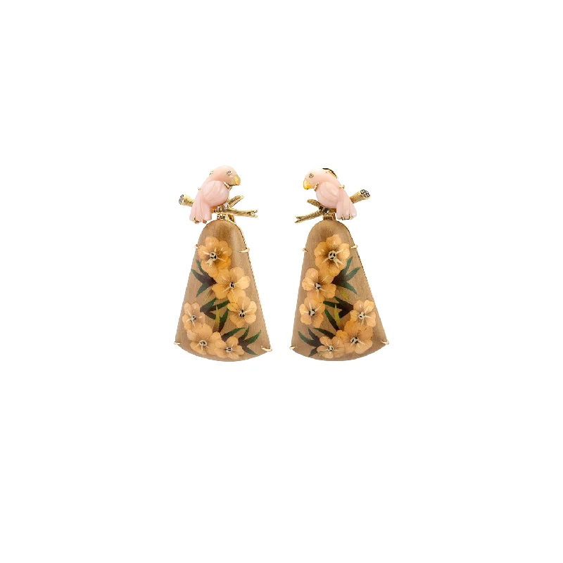 Silvia Furmanovich Marquetry Floral Bird Earrings with Diamonds and Guava Stone