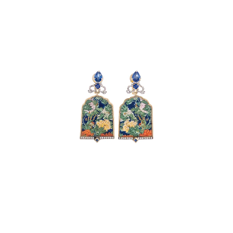 Silvia Furmanovich Miniature Painting Earrings with Diamonds, Sapphire, and Kyanite