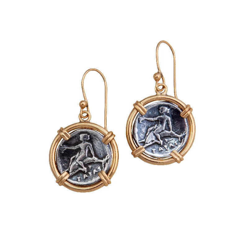 Sterling Silver and Alchemia Boy on Dolphin Replica Coin Prong Drop Earrings