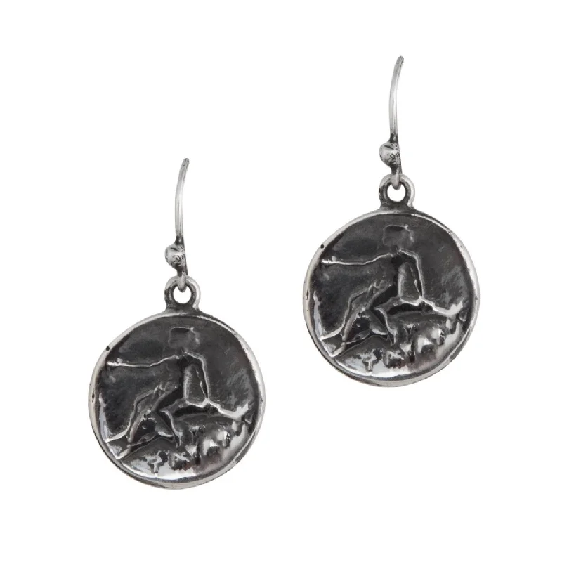 Sterling Silver Boy on Dolphin Greek Replica Coin Drop Earrings