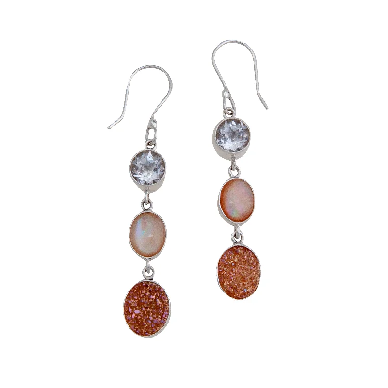 Sterling Silver Clear Quartz, Mother of Pearl and Peach Druzy Drop Earrings