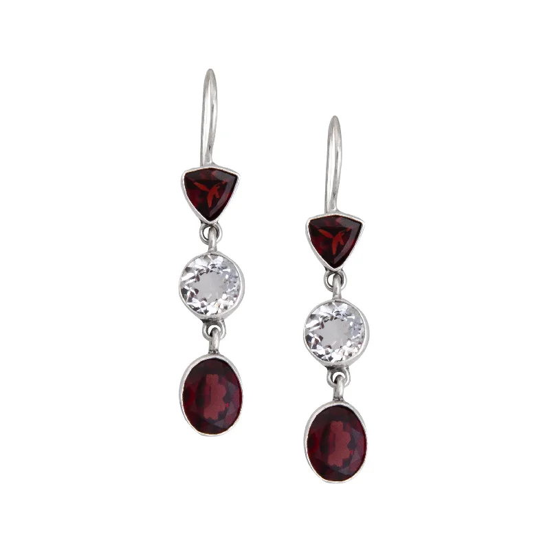 Sterling Silver Garnet and Quartz Drop Earrings