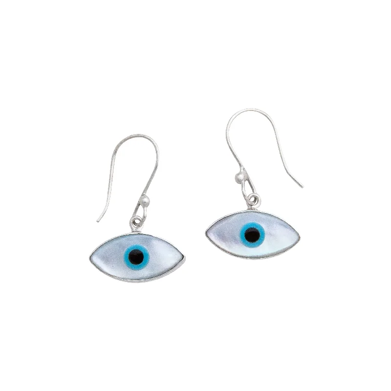 Sterling Silver Mother of Pearl Evil Eye Drop Earrings