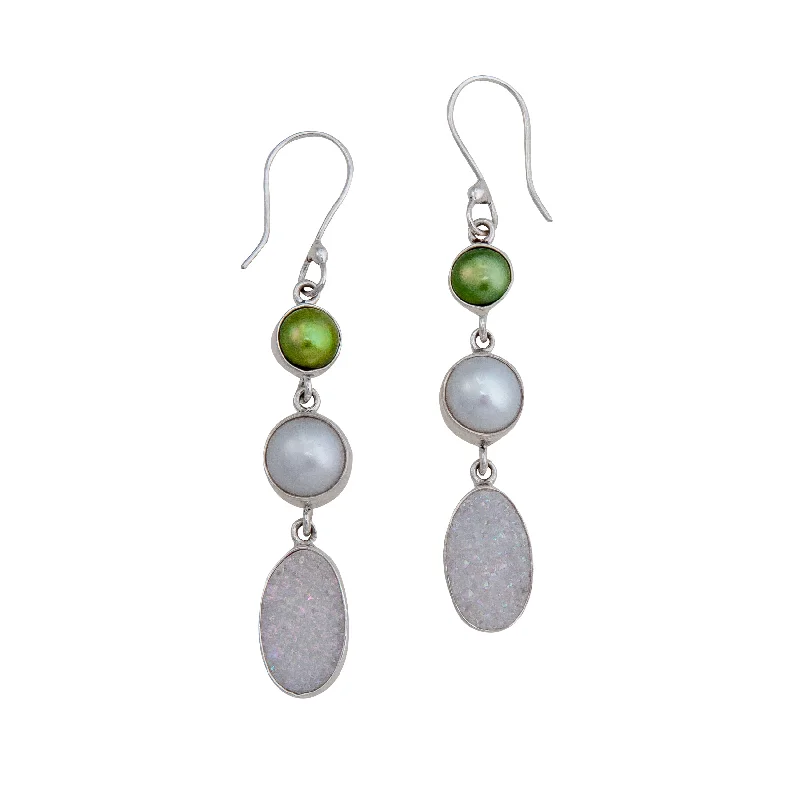 Sterling Silver Pearl and White Druzy Drop Earrings