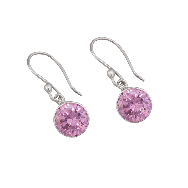 Sterling Silver Pink CZ Round Drop Earrings