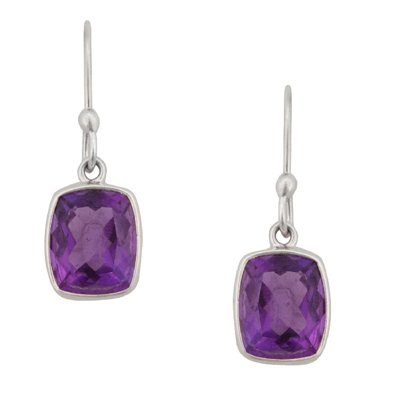 Sterling Silver Rectangle Amethyst Drop Earrings