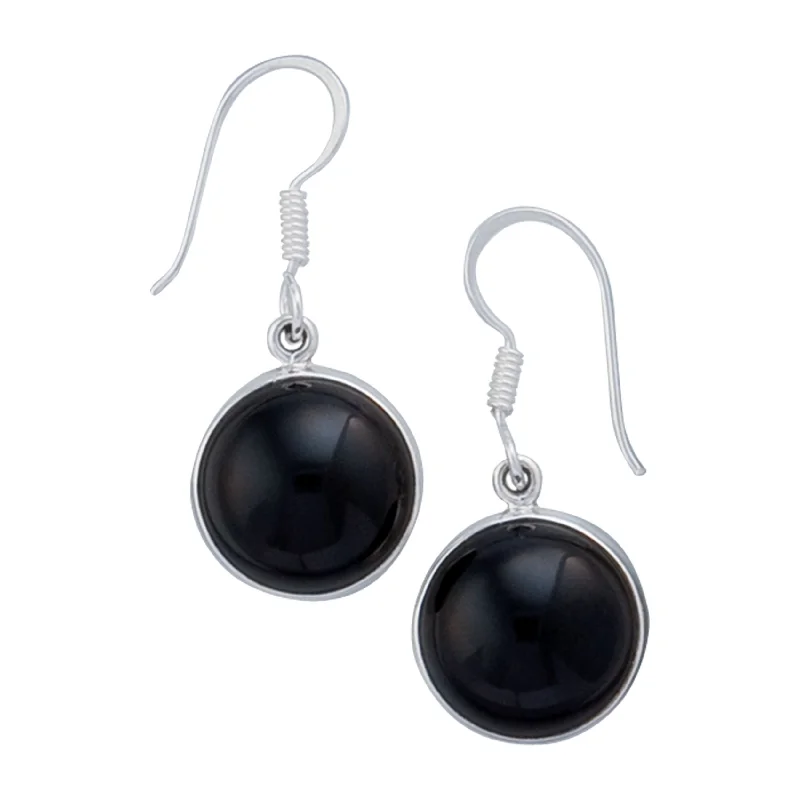 Sterling Silver Round Black Onyx Drop Earrings